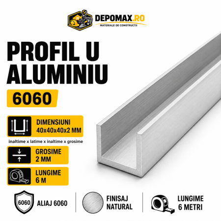Profil U aluminiu 40 x 40 x 40 x 2 mm, 6 metri